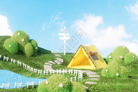 栅栏湖泊边的露营帐篷设计图片