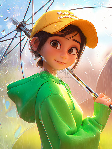 穿着绿色上衣打着雨伞在雨中的小女孩图片