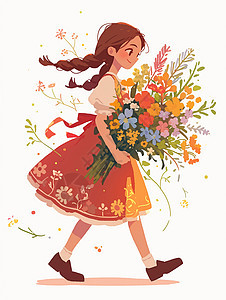 春天怀抱着一大束花朵开心走路的卡通小孩图片