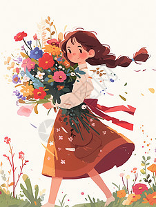 怀抱着一大束花朵开心走路的卡通小女孩图片