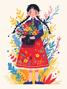 抱着一篮子花朵穿着碎花裙站在花丛中的卡通小女孩图片