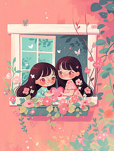 两个可爱的卡通小女孩在窗边图片