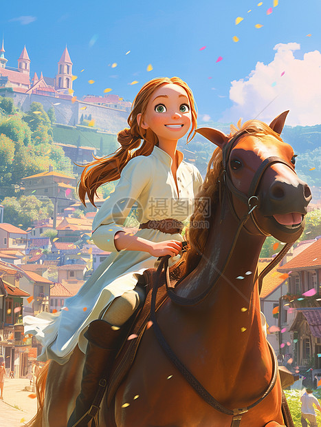 骑着马开心笑的卡通小公主图片