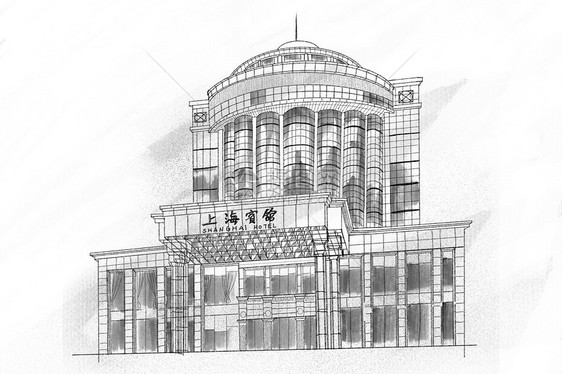 深圳城市特色建筑水墨素描插画老地标上海宾馆图片