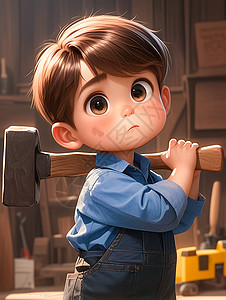 男孩开心手拿着锤子穿着蓝色衬衣的卡通小男孩插画