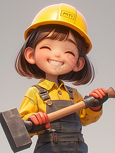 戴着黄色安全帽拿着工具的开心笑的卡通小女孩图片