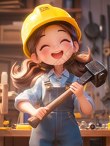 戴着黄色安全帽拿着工具的开心笑的卡通女孩图片