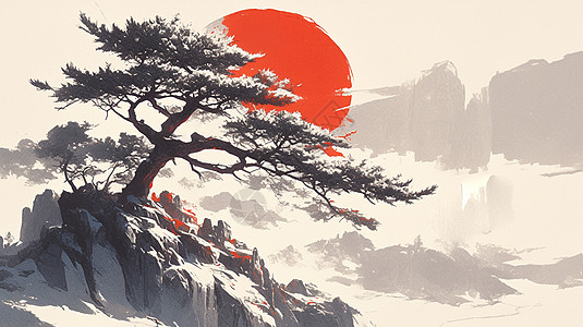 在高山上一棵古松唯美落日中国风插画高清图片