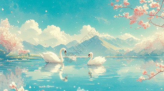 春天在湖面上安静游泳的几只卡通天鹅唯美卡通风景图片