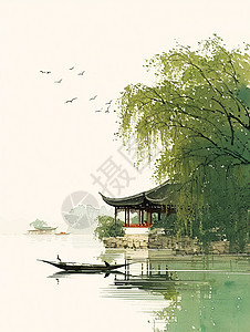 春暖花开湖面上一艘小船唯美卡通中国风插画图片