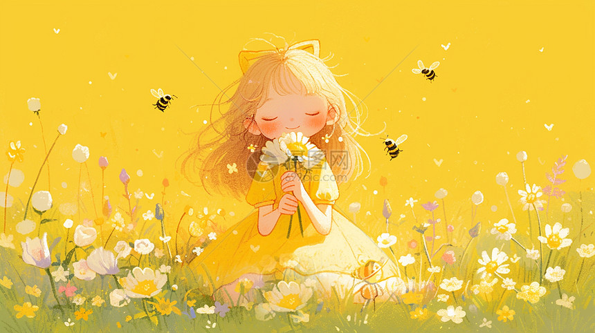 穿着黄色裙子手拿花朵坐在花丛中卡通小女孩图片