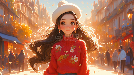 身穿红色毛衣头戴贝雷帽面带微笑的卡通女孩图片