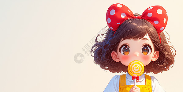 头戴红色蝴蝶结发卡的可爱卡通小女孩正在吃棒棒糖图片