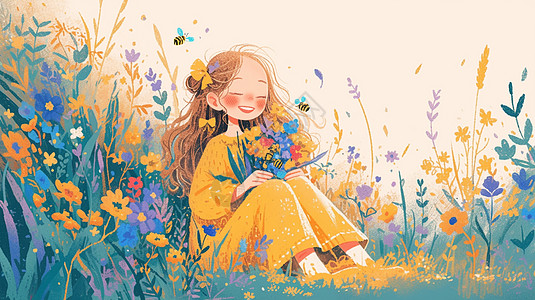 坐在花丛中闻花朵的可爱卡通女孩唯美插画图片