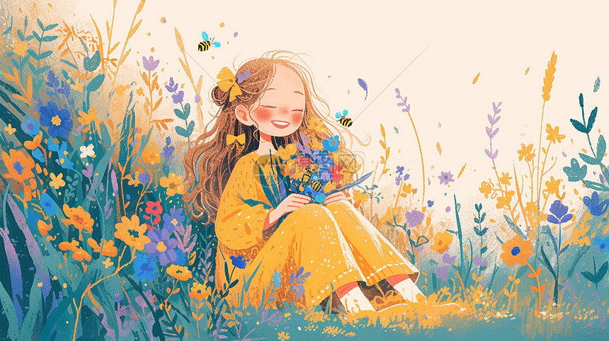坐在花丛中闻花朵的可爱卡通女孩唯美插画图片