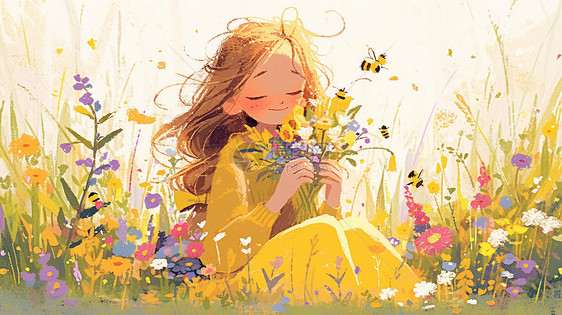 花丛中闻花朵的可爱卡通女孩唯美插画图片