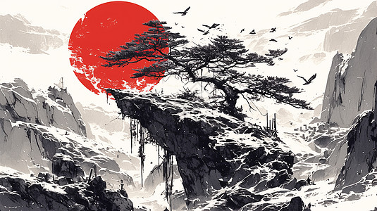 一棵古松与美丽的红日中国风插画图片