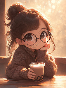 穿着棕色毛衣喝奶茶可爱的卡通小女孩图片