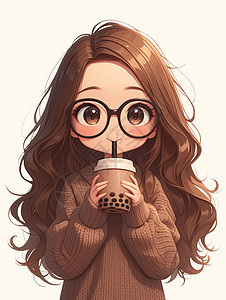 穿着毛衣喝奶茶可爱的卡通小女孩图片