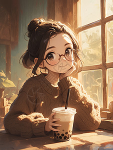 可爱框喝奶茶可爱的小女孩插画