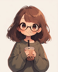 穿着美拉德配色服装喝奶茶可爱的卡通小女孩图片