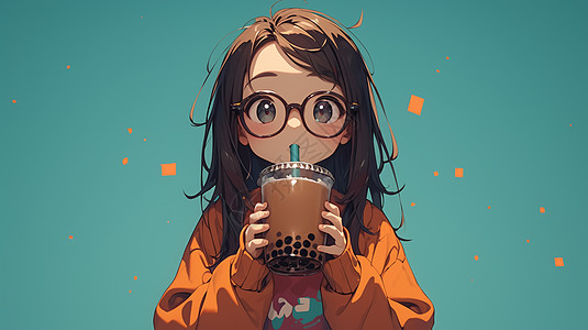 认真喝奶茶可爱的卡通小女孩穿着美拉德配色服装图片