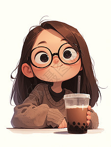 认真喝奶茶卡通小女孩戴着黑框眼镜图片