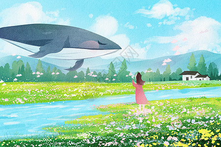 手绘水彩春天花海鲸鱼唯美治愈系插画图片