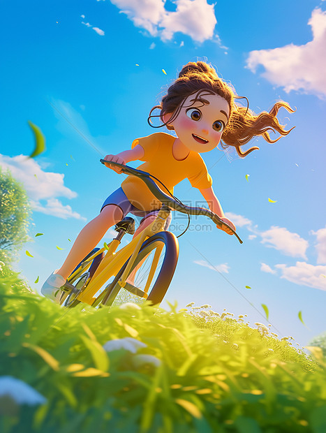 春天在草丛中开心骑自行车的卡通小女孩图片