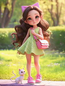 绿色连衣裙背着小粉包的可爱卡通小女孩图片