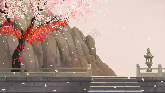 春日盛开的樱花树唯美插画背景图片