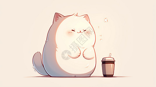 可爱的卡通肥猫准备要喝咖啡图片