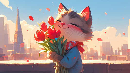 开心拿着红色郁金香花朵的可爱卡通小花猫图片