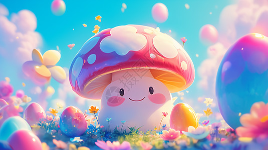 在花丛中一个可爱的卡通小蘑菇在微笑图片