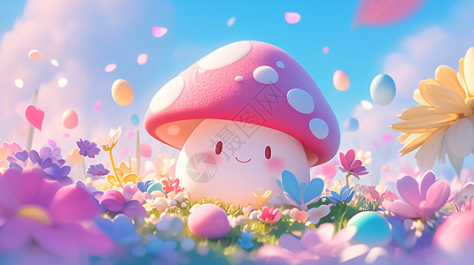 在花丛中一个可爱的卡通小蘑菇图片