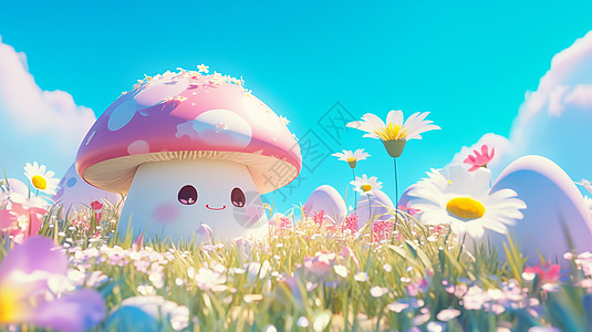 开满鲜花的草丛中一个卡通蘑菇图片