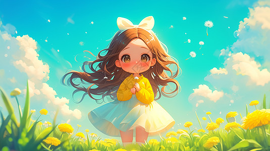 穿着黄色外套站在花丛中的卡通小女孩图片