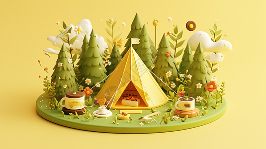 森林中的黄色卡通小帐篷图片
