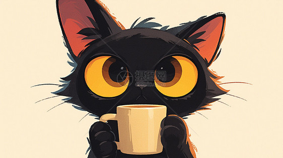 黑色卡通小猫在喝热茶图片