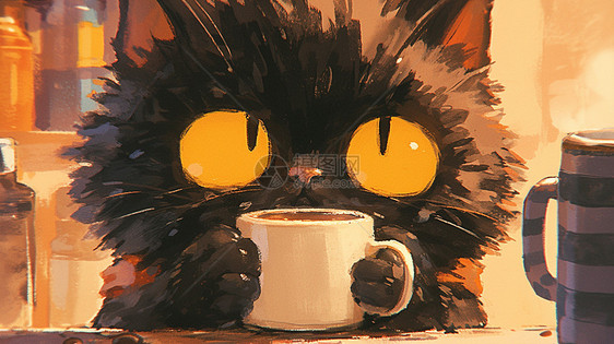 黑色可爱的小猫在喝热茶图片