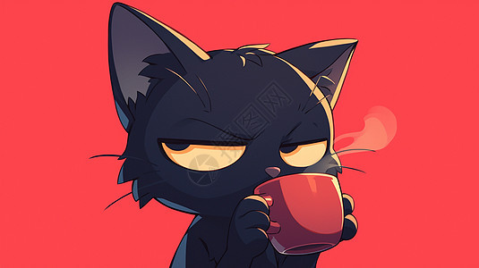 黑色可爱的卡通小猫在喝咖啡图片