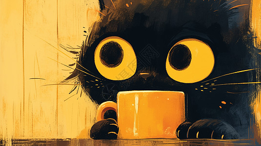 黑色可爱的小黑猫在喝咖啡图片