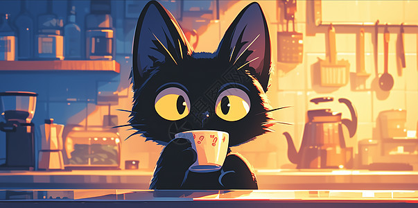 可爱的卡通小黑猫在喝咖啡图片