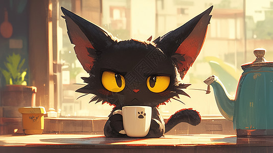 可爱的卡通小黑猫在喝咖啡图片