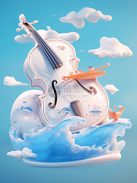云朵间唯美梦幻的卡通提琴图片