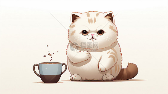 一只可爱的卡通大肥猫坐在咖啡杯旁图片