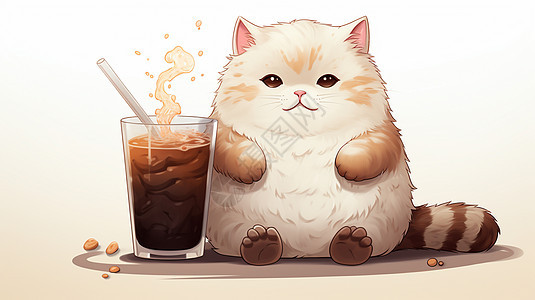 一只卡通大肥猫坐在咖啡杯旁图片