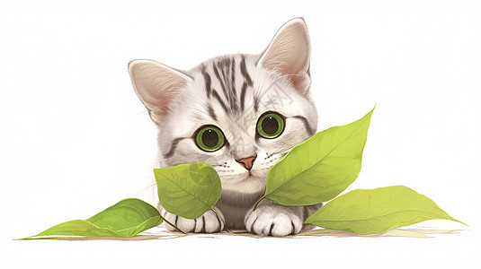 在大大的叶子旁一只可爱卡通虎斑猫图片