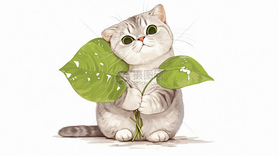 在叶子旁一只可爱卡通虎斑猫图片