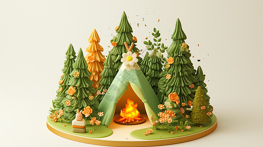 森林中一个可爱的卡通小帐篷点燃着火把图片